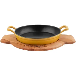 Sallys Gusseisen - Servierpfanne rund Ø 20 cm - mit Echtholzuntersetzer - Mustard Yellow
