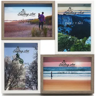 Smiling Art Bilderrahmen Fotorahmen Collage für mehrere Fotos, Foto Collage aus MDF Holz mit Glas (Weiß+Dunkelbraun, 4x13x18 cm)