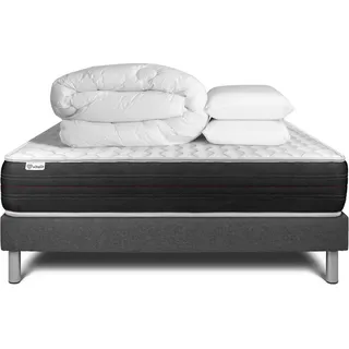 Komplettpaket Bett - Matratze 160x200 cm + Boxspringbett mit Lattenrost (im Set) + 2 Kopfkissen + Bettdecke - Vitalspring - Grau