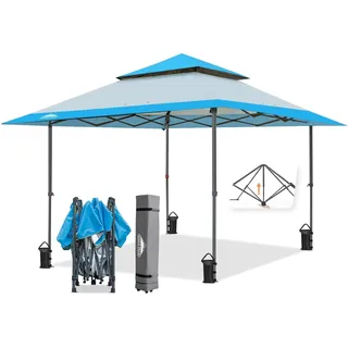EAGLE PEAK Schräge Beine Faltbar Pavillon 4x4m Wasserdicht Camping Pop-up Faltpavillon mit Seitenteil, inkl. Rucksack, Blau/Hellblau