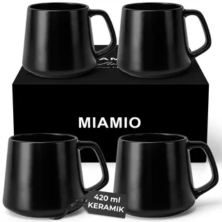 MIAMIO - Kaffeetassen 4er-Set/Kaffeebecher Keramik (420 ml) groß, Tassen Set für Cappuccino, Tee, Espresso - Mikrowellen- und Spülmaschinenfest - Luxe Kollektion (Schwarz)