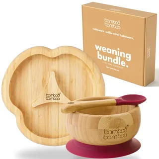 bamboo bamboo Baby Teller Baby Geschenk, Kindergeschirr set mit Sugnapf Teller Baby Schüssel und Baby Löffel, Kindergeschirr mit Saugnapf ab 6 Monaten (Divider, Kirsche)