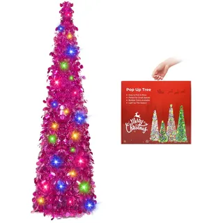 N&T NIETING Künstlicher Weihnachtsbaum mit Beleuchtung, Pop Up Weihnachtsbaum 150cm, Pailletten Weihnachtsbaum künstlich Weihnachtsdeko für Weihnachten, Partybedarf, Haus Dekoration, Rosarot