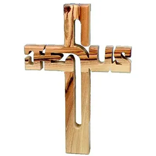 MaMeMi Kreuz JESUS aus OLIVENHOLZ – handgefertigt in BETHLEHEM – modernes HOLZKREUZ mit integriertem SCHRIFTZUG „JESUS“ – christliche DEKO & GESCHENK zur KOMMUNION, TAUFE, FIRMUNG