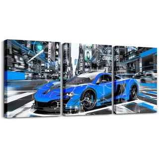 Loussiesd Geschwindigkeit Sportwagen 3er Poster Set für Wohnzimmer Rennen Auto Büro Wandbilder für Extreme Sport Auto Bad Leinwandbilder Automobil Racing Car Blau Grau