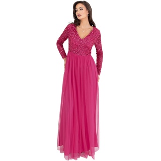 Maya Deluxe Damen Womens Ladies Dress Sleeve for Wedding Guest V Neck High Empire Waist Maxi Long Length Evening Bridesmaid Prom Kleid, Fuschia, 48 EU