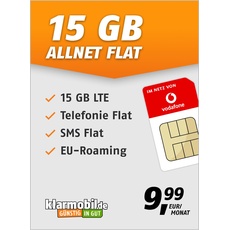 klarmobil Allnet Flat 15 GB – Handyvertrag 24 Monate im Vodafone Netz mit Internet Flat, Flat Telefonie und EU-Roaming – Aktivierungscode per E-Mail