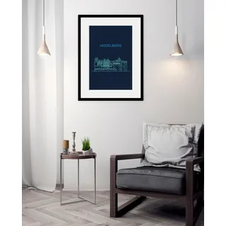 Bild QUEENCE "Heidelberg Sightseeing", blau (farbe rahmen: schwarz, farbe bild(er): blau), B:40cm H:50cm, Acrylglas, Holz, Papier, Bilder, Bild, HD Premium Poster-Druck inkl. Holzrahmen