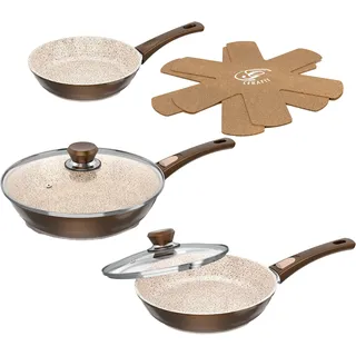 Genius Pfannen-Set »Cerafit Granit - Grand-Edition Pfanne, 7-teiliges Set« Edelstahl Set, je 1x Pfanne + Deckel 24 cm + 28 cm, 1x Pfanne 20 cm, 2x Einleger, 7 Stk. tlg. geeignet für Aufläufe, zum Schmoren o. Backen - ohne Griff und Deckel, braun