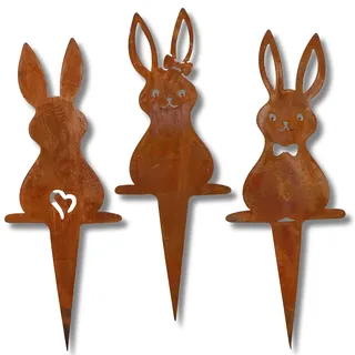 Rostikal Gartenstecker Hase 3er Set – Wetterfeste Cortenstahl Deko für Garten, Balkon oder Wohnzimmer – Frühlingsdekoration zu Ostern – Hochwertige Metallfiguren für Innen und Außen