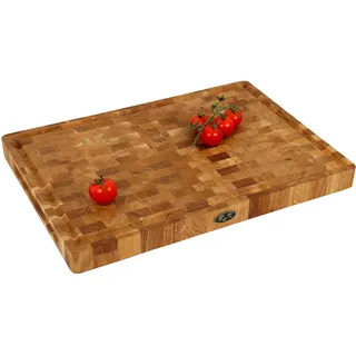 B4K® Schneidebrett aus Eiche Stirnholz 50 × 35 × 4 cm – Massiver Hackblock | Antibakterielles Hirnholzbrett mit Griffen, Saftrille & Silikonfüßen | Perfekt für Küche, Fleisch & BBQ