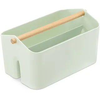 Navaris Aufbewahrungsbox mit Holzgriff - 2 Fächer Box Organizer in Bad Küche - Korb Aufbewahrung für Besteck Putzmittel tragbar klein - mintgrün