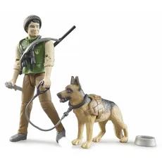 62660 Bruder bworld Förster Jäger Mann mit Haube, Hund an der Leine und Ausrüstung Gewehr Zielfernrohr Messer Feldstecher Freßnapf