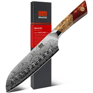 SHAN ZU Damast Santokumesser, 18cm Japanisches Küchenmesser aus SG2-Pulverstahl, Handgeschmiedetes Profi Kochmesser aus 91 Schichten Damaststahl, Ergonomischer Ahorngriff – WHITE TIGER Series