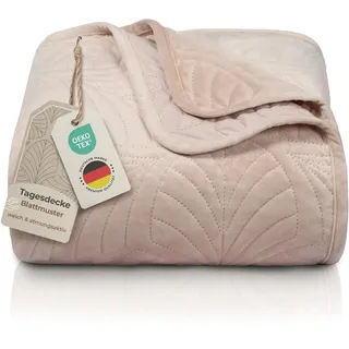 Gräfenstayn Premium Tagesdecke 200x220 cm – Bettüberwurf mit Nahtloser Steppung & Blatt-Design – Samt-Decke – weich, knitterfrei & pflegeleicht – Überwurf für Bett & Sofa (beige)