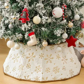 Lewondr Weihnachtsbaum Rock, 66CM Christbaumdecke Deko Baumkragen mit Pailletten Schneeflockenmuster, Plüsch-Weihnachtsbaumdecke Faltbarer Weihnachtsbaumkragen für Weihnachtstag Zuhause, Weiß & Gold