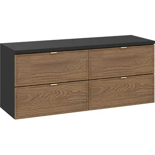Doppel-Waschtischunterschrank 120 cm breit in Eiche und schwarz, hängend mit 4 Schubladen - TARSIA-56 - Braun