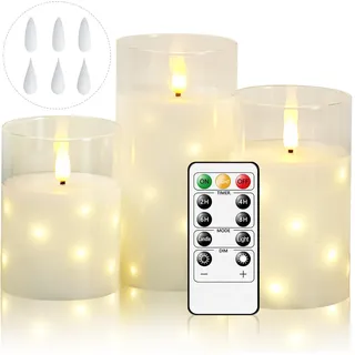 Cnulenzt Glas Flammenlose LED Kerzen, Batteriebetriebene mit eingebetteter Sternschnur-Lichterkette, led kerzen Mit Fernbedienung und Timer, Hochzeit, Home Decor, 3er-Set(weiß)