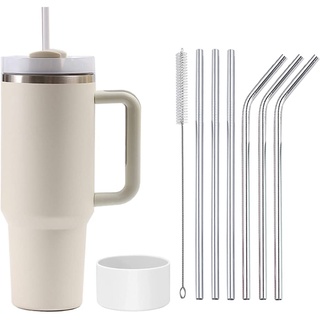 Moollyfox 1200 ml Doppelwandiger Vakuum Isolierbecher mit Griff Upgrade Kaffeetasse Becher 40 oz Reisebecher Autobecher Thermobecher mit Strohhalm aus Edelstahl und Silikonabdeckung Beige