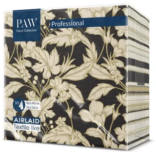Paw Decor Collection PAW - Servietten aus Airlaid - Stoffähnlich (40 x 40 cm) I 50 Stück I Ideal für Hochzeit, Taufe, Kommunion, Geburtstag I Stoffservietten - Gold, Blätter, Blumen I Schwarz I Farbe: Floral Pattern