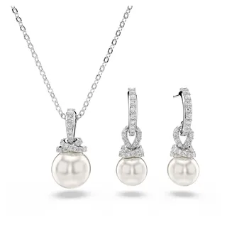 Swarovski Originally Set, Weißes und Rhodiniertes Set aus Halskette und Ohrringen mit Strahlenden Kristallperlen und Zirkonia in Pavé, Länge Kette: 38-43 cm, Größe Ohrringe: 2.5 x 0.8 cm