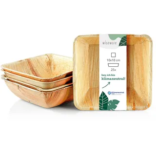 Wiseware Palmblatt Teller tief - 25 Stück tiefe Einwegteller quadratisch tief 100ml - biologisch abbaubare Servierschale - kompostierbares Partygeschirr - Salatschale - Einweggeschirr (10x10cm)