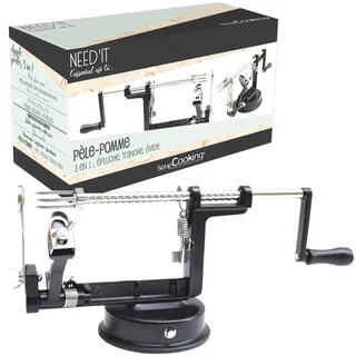 ScrapCooking 5255, Need'it 3-in-1 Apfelschäler Metall Edelstahl-Apfelschälmaschine mit Kurbel, Professioneller für Backwaren, Küche - Schwarz