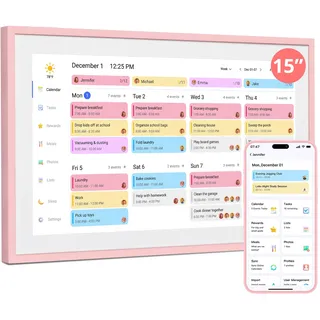 Dragon Touch 15.6 Zoll Digitaler Kalender Wand - 1920 * 1080 FHD Elektronischer Wandkalender Familienplaner mit 32GB Speicher und Wandhalterung, Touchscreen Intelligenter Tischkalender-Rosa