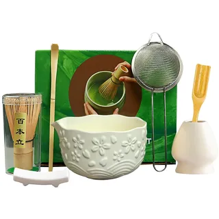 Matcha Tea Set Beige Weiß,7 Piece Matcha Besen, with Matcha Whisk, Matcha Broom,Schale,Matcha Bowl with Spout,Besen Halter,Bamboo Spoon,Perfect Starter Set,Japanisches Tee-Set (Beige)