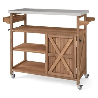 Costway Grillwagen Outdoor, Servierwagen auf Rollen, mit Edelstahl-Arbeitsplatte, Ablagen, Gewürzregal, Schrank&Handtuchhalter, (1 Tür-118x47x92 cm) - Naturbelassen