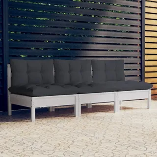 The Living Store 3-Sitzer-Gartensofa mit Anthrazit Kissen Massivholz Kiefer - Weiß