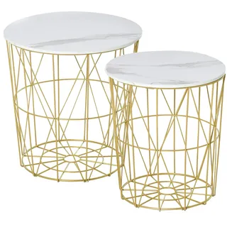 HOMCOM 2er-Set Niedriger Ausziehtisch - Runde Beistelltische zum Einbauen Neo-Retro-Stil Zweifarbig Goldfarbenes Metallgestell MDF-Platte Marmoroptik Weiß