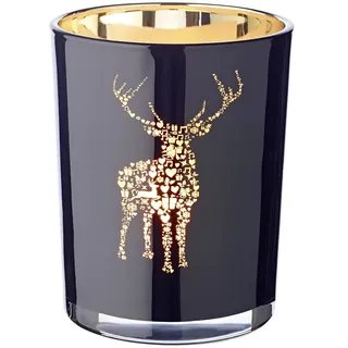 EDZARD Teelichtglas Fancy, Höhe 13 cm, Durchmesser 10 cm, außen schwarz, innen Gold, Teelichthalter, Windlicht mit Hirsch-Motiv