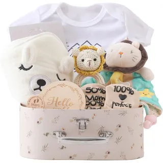 Promise Babe Baby Geschenk Set,Neugeborenen Geschenk zur Geburt Babyparty Badetuch Meilenstein Babydecke Strampler Socken Baby Holz Gehäkelt Greifling Rassel Spielzeug Foto Requisten (For Boy Girl)