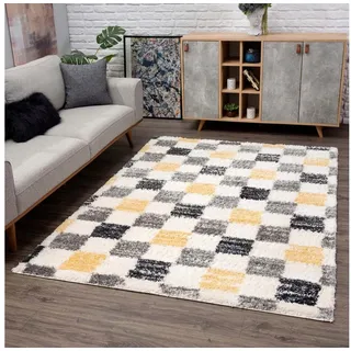 Carpet City Hochflor-Teppich »Pulpy 554« rechteckig 30 mm Höhe Läufer, weich, Karo-Optik, Wohnzimmer, Schlafzimmer, Kinderzimmer, grau Gelb - Teppiche Kariert