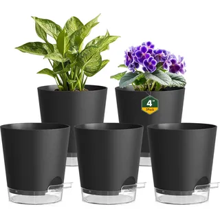 Homeuouz 5er Set Selbstbewässerungstopf 10cm – Kleine Blumentöpfe & Übertöpfe mit Untersetzer in Matt für Zimmerpflanzen & Küche, Perfekt als Kräutertopf, Schwarz-Klar