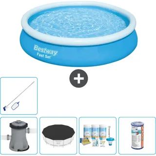 Bestway runder aufblasbarer Fast-Set-Schwimmpool – 366 x 76 cm – Blau – inklusive Pumpe Abdeckung - Wartungspaket - Filter - Reinigungskit - Blau