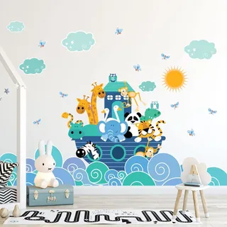 Wandsticker Kinder - Deko Babyzimmer - Wandsticker Kinder - Wandtattoo skandinavisch - Wandtattoo Tiere auf Glückwellen - H120 x L180 cm