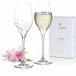 Brilant Gala Swan Prosecco Gläser - Modern Sektgläser Set, Hochzeitsgeschenke für Brautpaar, Bleifreie Champagner Gläser mit Gravierte Ringe & Hochwertige Kristall, EU Handgefertigt - 2er-Set, 320 ml