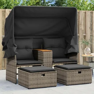 KKHOMEI Gartensofa mit Dach und Hockern Rattan Sofa 2-Sitzer mit Kissen Balkonsofa Balkon Couch Lounge Sofa Balkon Lounge Klein Balkonmöbel Terrassensofa Outdoor Sofa