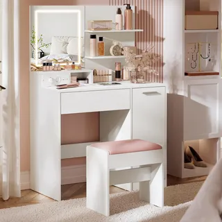 VASAGLE Schminktisch mit LED-Spiegel und Steckdosenleiste, 2 verstellbaren Ablagen - Weiß