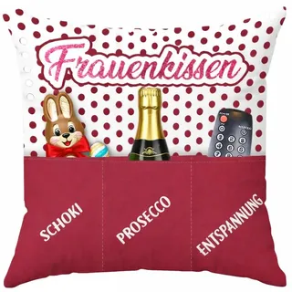 KAMACA Dekokissen 43x43 cm mit 3 Taschen – Lustiges Oster-Geschenk für Frau, Mama, Freundin, Schwester & Kollegin – Kuschelkissen mit Spruch für gemütliche Filmabende und Ostern (Frauenkissen)