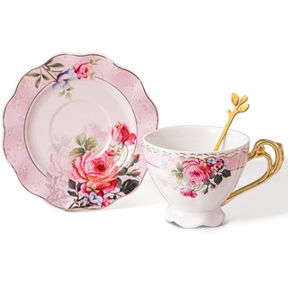 fanquare Rosa Keramik Teetasse mit Untertasse, Kaffeetasse mit Großem Henkel, Florale Teetasse und Untertasse Set mit gewelltem Rand