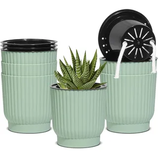 T4U 10cm Kunststoff Blumentopf mit Bewässerungssystem, Blumentöpfe Klein Innen und Draussen für Orchideentopf, Kräutertopf Hydrokultur Topf, Selbstbewässerungstopf Grün 6er-Set