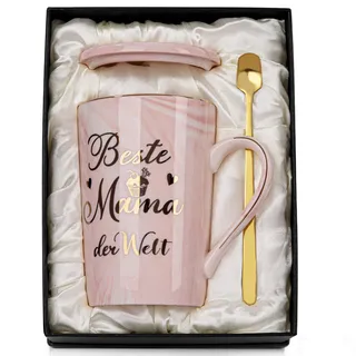 Geburtstagsgeschenk Geschenke für Mama Geschenk, Beste Mama der Welt Tasse - Lustig Geburtstag Muttertag, 400ml Rosa Marmor Mutter Becher mit Goldaufdruck, Deckel Löffel Grußkarte, Edle Geschenkbox