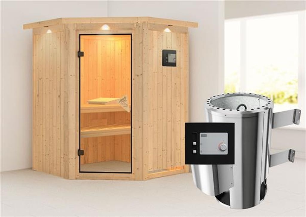 Bild von Sauna Nanja-3,6kW230V Ofen-Steuerg.-Inkl.Dachkranz inkl. 9-teiligem gratis Zubehörpaket (Gesamtwert 271,91€)