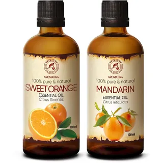 Ätherische Öle Set 2x100ml - Aromatherapie mit Orangenöl - Mandarinenöl - Reine Zitrusöle für Aroma Diffusers und Duftlampen - Orangen - Mandarinen Öle für Seifen und Duftkerzen - Öle für Hautpflege