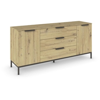 Rauch Möbel Flipp, Sideboard, TV-Schrank, Kommode mit Stauraum, mit Metallkufe graphit, Eiche Artisan, Holz, 2-türig, 3 Schubladen, Griffe graphit, 160x72x42cm