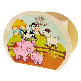hess since 1990 Hess Holzspielzeug 20016 - Kinder-Spardose aus Holz mit Bauernhof-Motiv inkl. Gummischloss, handgefertigt, für Geld-Geschenke zum Geburtstag, ca. 11,5 x 8,5 x 6,5 cm groß