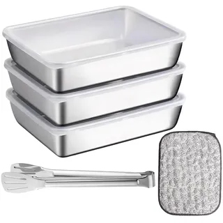 HXSYKJDM Panierschalen Set 3-teilig, 25 X 19.5 X 5 cm Panierstrasse Edelstahl Schüssel mit Steakzange und Abwaschlappen, Edelstahl Schale Rechteckig mit Deckel Stapelbar für Fisch Fleisch Gemüse